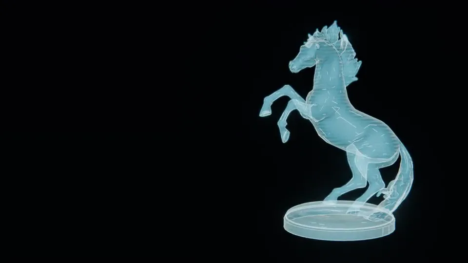 Holo FX Builder: a horse statue built as a cyan hologram